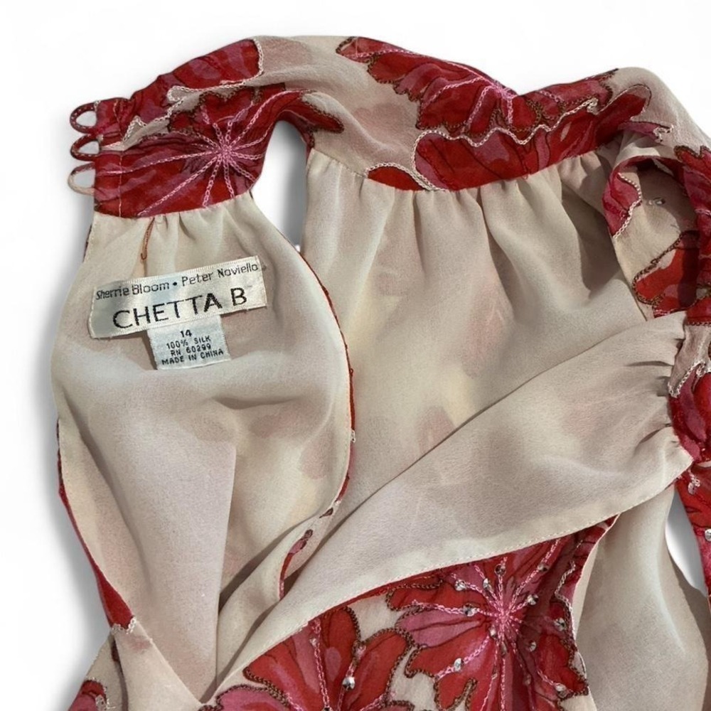 Chetta B Silk Floral Halter Top Size 14 Red Pink Sequin Embellished Asymmetrical - Picture 3 of 8